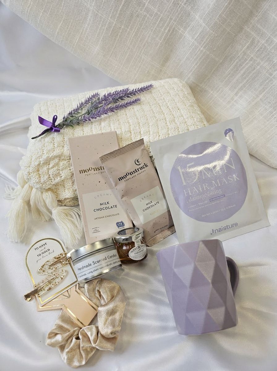 Self Care Gift Box | Cozy Blanket, Artisan Chocolate, Scented Candle, Mug