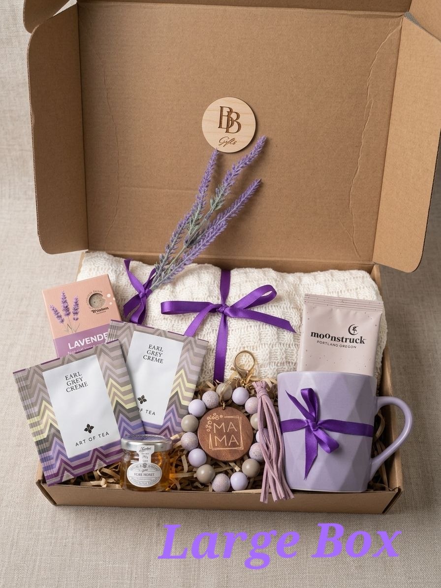 Mother’s Day Gift Box for Mom, Lavender Self Care Gift Set, Relaxation Spa Box, Tea Lover Gift, Mom Gift Basket, Purple Gift Box
