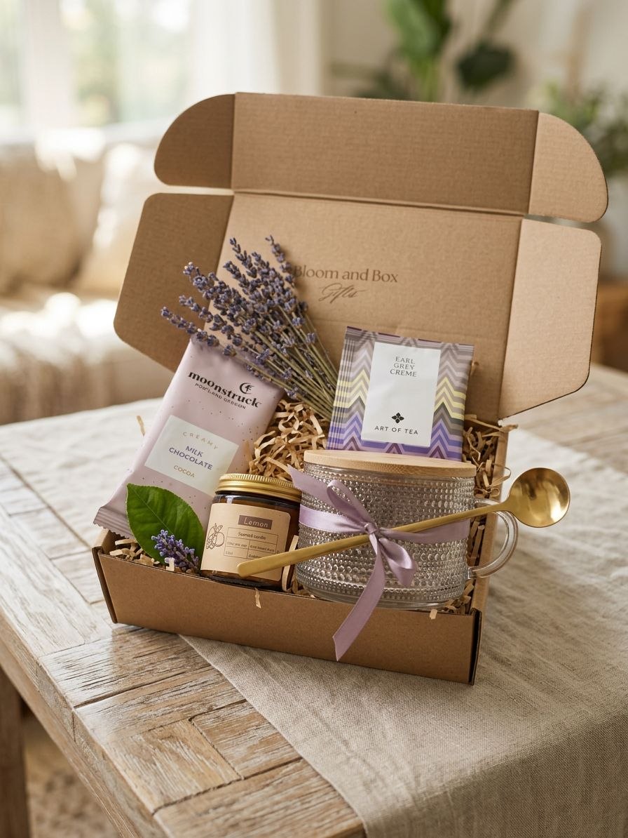 Cozy Tea Gift Box | Self Care Gift Set for Her | Tea Lover Gift | Birthday Gift | Mug, Candle, Chocolate Gift Box