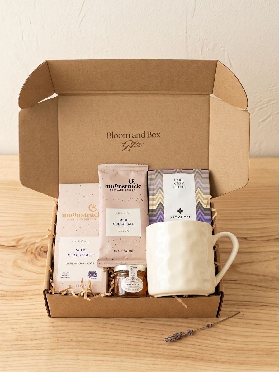 Chocolate Gift Box for Her Him – Coffee & Tea Gift Set with Mug, Cozy Care Package, Birthday Gift, Self Care Box