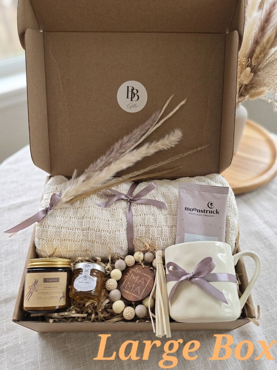 Mother’s Day Gift Box for Mom, Neutral Self Care Gift Set, Cozy Spa Gift Basket, Relaxation Gift for Her, Elegant Mom Gift Box