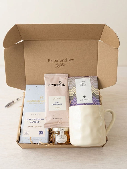 Chocolate Gift Box for Her Him – Coffee & Tea Gift Set with Mug, Cozy Care Package, Birthday Gift, Self Care Box