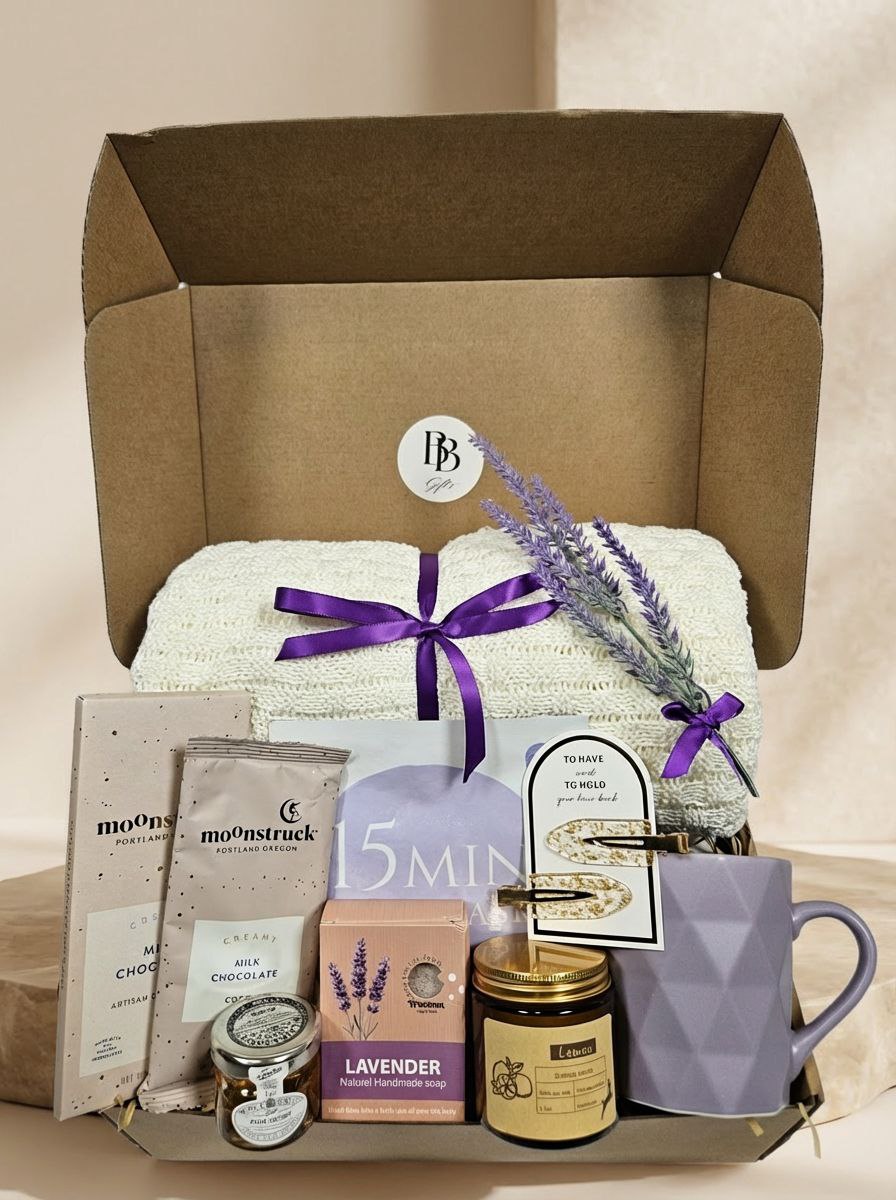 Lavender Relaxation Gift Box | Artisan Chocolate, Cocoa, Candle, Soap, Mug, Blanket
