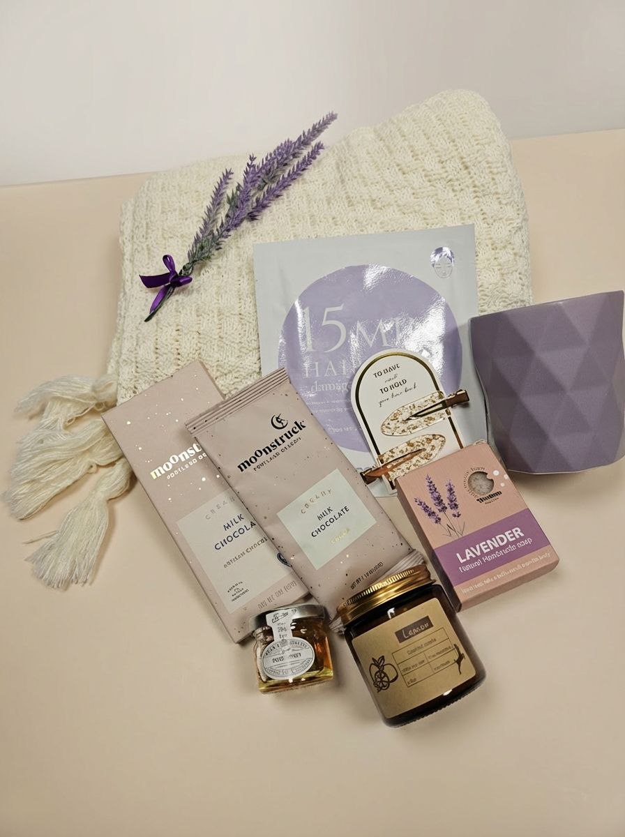 Lavender Relaxation Gift Box | Artisan Chocolate, Cocoa, Candle, Soap, Mug, Blanket